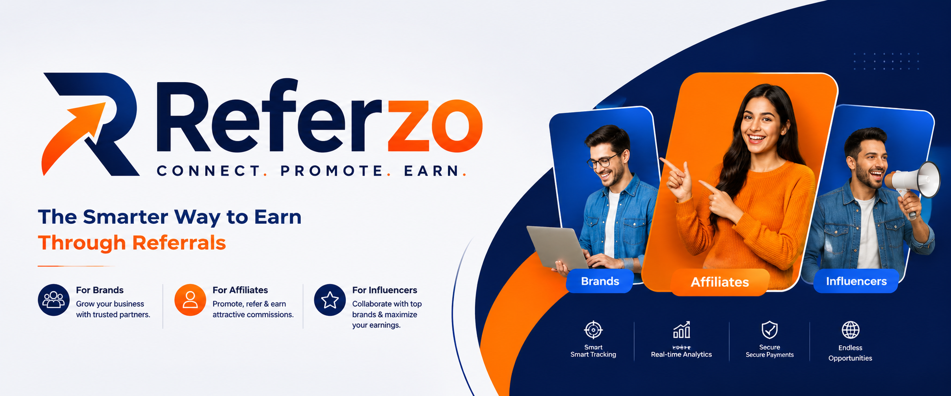 Referzo brand banner showing brand, affiliate, and influencer marketplace roles